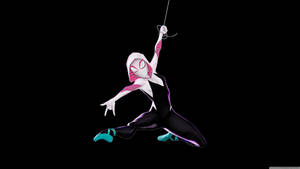 Spider-Gwen 在黑色背景下以動態姿勢擺盪。