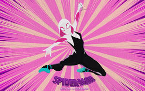 Spider-Gwen 在半空中拉開蛛網發射器，背景為粉紅色放射狀。 — 蜘蛛格溫 壁紙