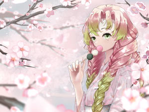 穿粉紅和服的動漫女孩在櫻花下吃甜糰子。