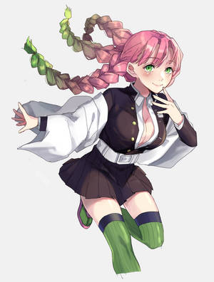 動漫女孩，粉紅色頭髮和綠色眼睛，穿著校服快樂地跳躍。