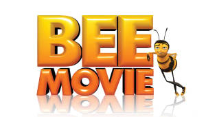 動畫蜜蜂角色旁邊是「Bee Movie」3D標誌，帶有倒影。