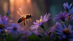 一隻蜜蜂在紫色花附近盤旋，背景有金色陽光。