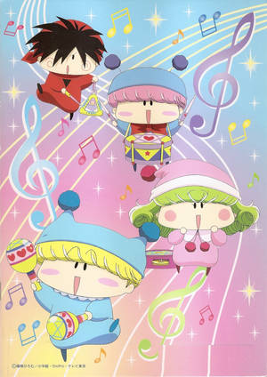 四個動畫小孩演奏樂器，伴有浮動音符和星星。