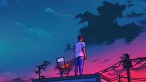 人和貓在屋頂上觀看色彩繽紛的暮色天空