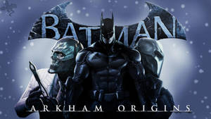 蝙蝠俠與兩個戴面具的惡棍在《Arkham Origins》遊戲的雪景中。