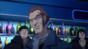 穿著深色外套、露出冷笑的動畫男子，在霓虹燈酒吧中，身後有酒瓶。 — 蝙蝠俠 阿卡漢城市 壁紙
