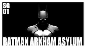 蝙蝠俠身穿深色服裝，眼睛發光，並有粗體文字寫著 Batman Arkham Asylum。 — 蝙蝠俠 壁紙