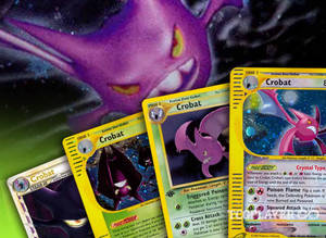 三張 Crobat 寶可夢集換式卡牌展示，背後有一隻發光的蝙蝠在太空中。 — 遊戲 壁紙