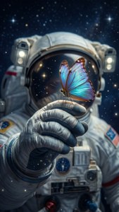 太空人手握蝴蝶，漂浮喺繁星之間