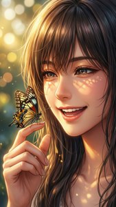 一位年輕女性微笑著，一隻色彩繽紛的蝴蝶在金色陽光中停在她的指尖上。