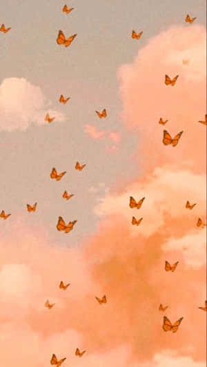 蝴蝶在粉紅與蜜桃色雲朵中飛舞，夢幻天空。 — 美麗蝴蝶 壁紙