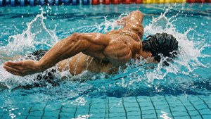運動員在競技泳池中進行背泳，水花四濺。