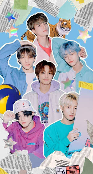 K-pop 偶像的拼貼畫，頭髮和衣服色彩繽紛，背景為報紙。