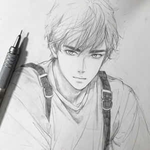 一幅鉛筆素描，描繪一位穿著吊帶褲、眼神銳利的動漫風格年輕男子。 — 靚靚動畫 壁紙