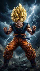 金髮、穿著破爛橙色褲子的動漫角色站在有閃電的暴風雨中。