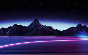 霓虹發光線條在星空下彎曲穿過數位山景。 — 可愛桌面動態圖 壁紙