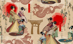 傳統日本藝術風格中，鳥居附近有龍和竹子的穿著和服的藝妓。