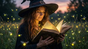 一位女巫在螢火蟲環繞下研讀咒語書。