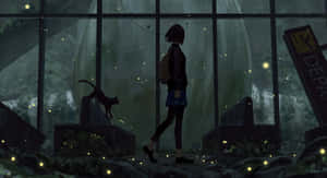 女孩和貓在廢棄車站，夜晚有發光螢火蟲