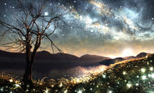 星空下，山丘上的一棵禿樹，草地中有發光的螢火蟲。