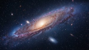 一個螺旋星系，帶有藍色、粉紅色和金色塵埃在星場中旋轉