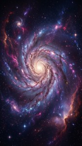 一個色彩繽紛的螺旋星系，在深空中帶有發光的星星和宇宙塵埃。