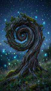 螺旋樹幹上的苔蘚與螢火蟲，星空下