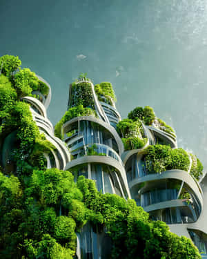 未來主義的弧形建築被綠色植物覆蓋，在藍天下。 — 淺綠色美學動態圖 壁紙