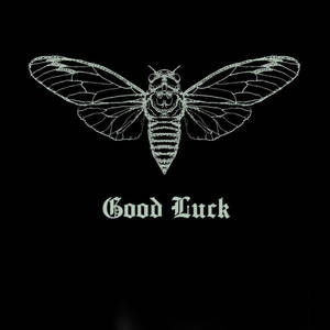 白色線條繪畫的蟬，帶有骷髏臉和「Good Luck」文字在黑色背景上。