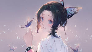動漫女孩與蝴蝶翅膀和發光蝴蝶，柔和紫色天空。 — 可愛動漫頭像gif 壁紙