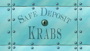帶有鉚釘和刻有Krabs名字的藍綠色金屬保險箱。