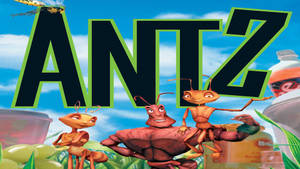 三隻動畫螞蟻在色彩繽紛的戶外環境中，有汽水瓶和標題「ANTZ」。