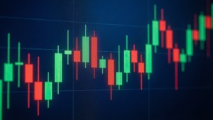 數字蠟燭圖，以紅色和綠色條顯示金融市場數據。
