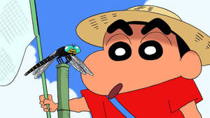 蠟筆小新在藍天下拿著一個網，上面有一隻蜻蜓。 — 日本龍動畫 壁紙