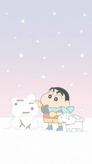 蠟筆小新和他的狗在雪地裡與雪人玩耍。 — 冬日美學 壁紙