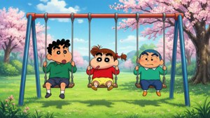 三個卡通小孩在長滿草的公園裏，在盛開的櫻花樹下盪鞦韆。