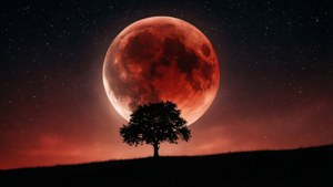 夜晚，山丘上一棵孤獨的樹在發光的紅月下。 — 血 壁紙