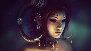 神秘女性，發光紅眼，華麗角，宇宙背景
