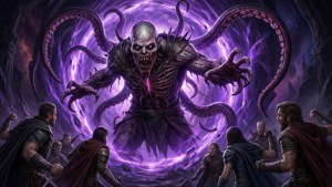 一群身穿盔甲的戰士面對一個從魔法漩渦中出現的 towering 紫色觸手怪物。