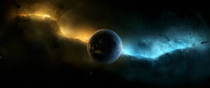 行星被深空中發光的橙色和藍色宇宙雲包圍。