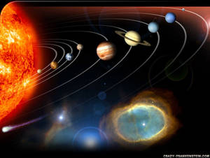太陽系，行星圍繞發光的太陽運行，深空中充滿彩色星雲。
