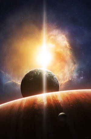 行星在宇宙日落時分從外星世界上方升起，伴有發光的星雲。