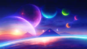 在彩色外星天空下，發光的行星和星星環繞的金字塔。 — 行星 壁紙