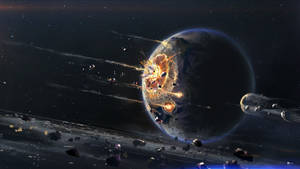 行星爆炸，小行星和太空船在太空中