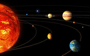 行星在宇宙場景中圍繞發光的太陽運行。