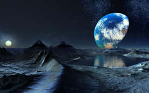 外星月球景觀，地球漂浮在天空中，月亮發光