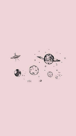 粉紅色背景上帶有行星和UFO的草圖風格太空場景。