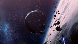 太空船在星雲中靠近行星的小行星帶導航
