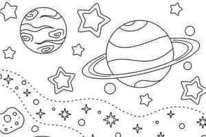 黑白太空場景，包含行星、星星和小行星，供填色使用。