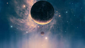一個帶有環和較小衛星的大型黑暗行星，在星光燦爛的宇宙場景中。 — 太空 壁紙